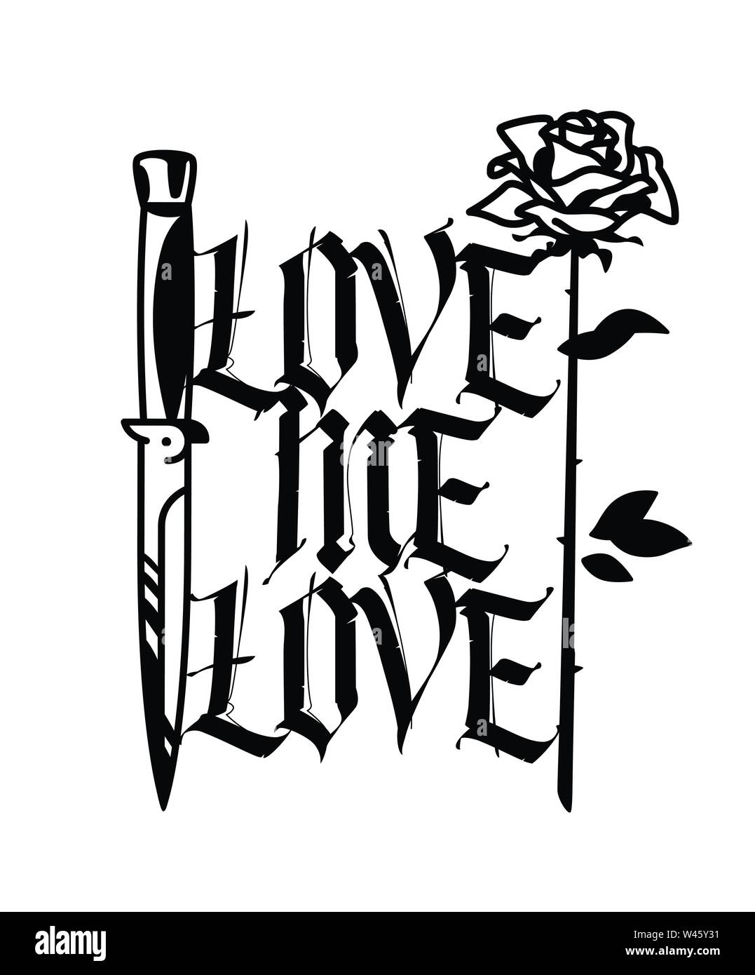 Un tatuaje con un cuchillo y una rosa. Vector. La inscripción es gótico. Me encanta el amor. El estilo de la vieja escuela americana. Imagen está aislado en whi Ilustración del Vector