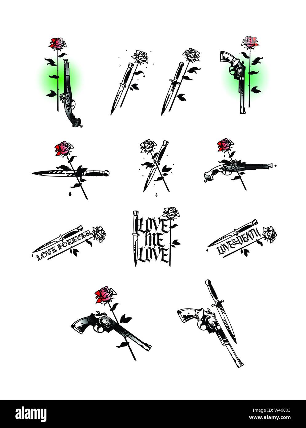 Conjunto de ilustraciones de tatuaje, pistolas, cuchillos y rosas. Vector.  El frío y las armas de fuego. Hipster tatuajes. El estilo de la vieja  escuela americana. Gothic inscr Imagen Vector de stock -