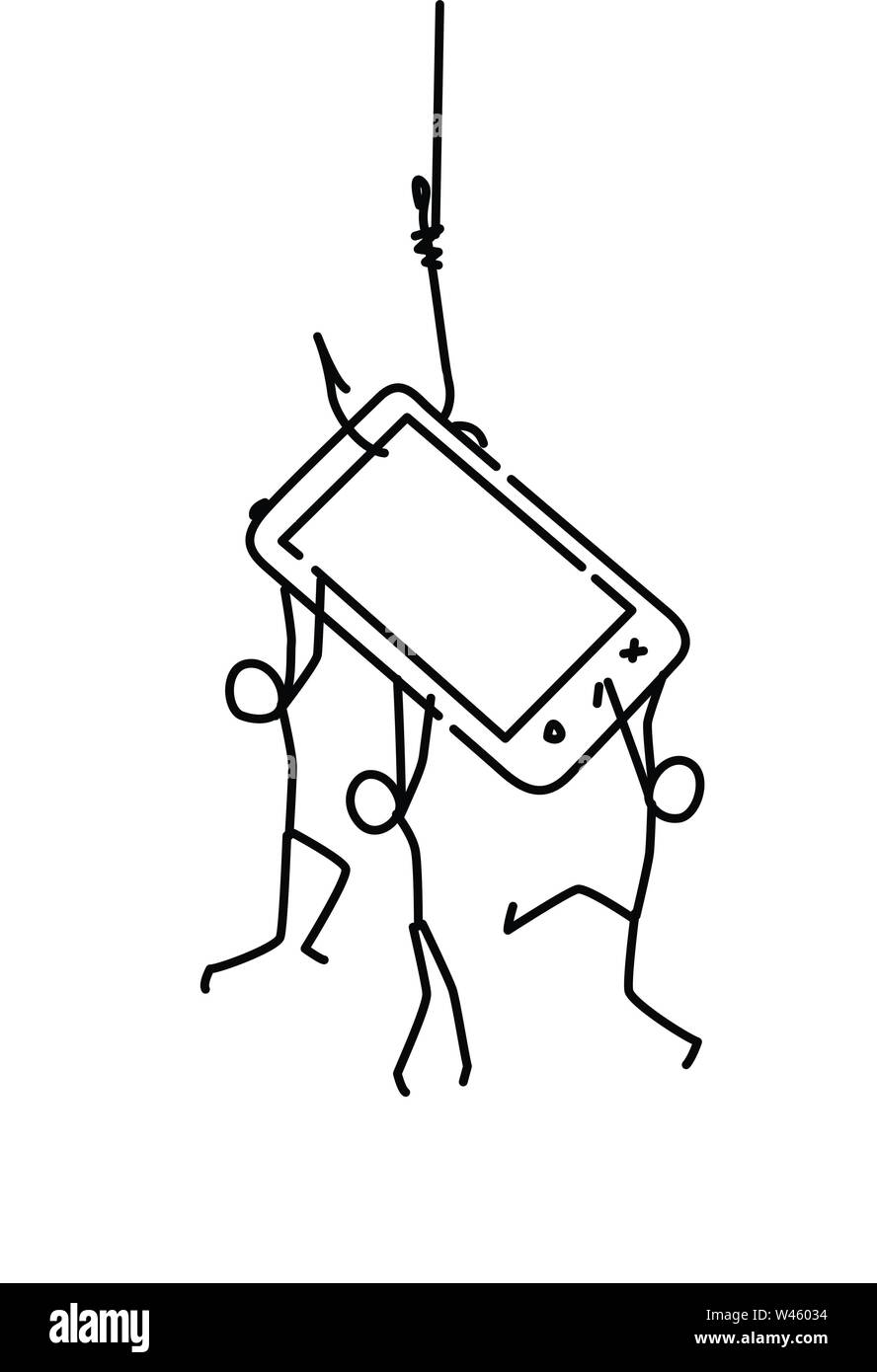 Ilustración de poco hombres en una pluma. Vector. Smartphone como cebo. La dependencia en el teléfono y la Internet. Estilo Linear. Ilustración para web o p Ilustración del Vector