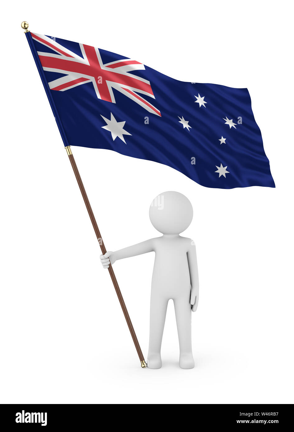 Stickman patriota australiano sosteniendo la Bandera Nacional de Australia 3D Ilustración sobre fondo blanco. Foto de stock