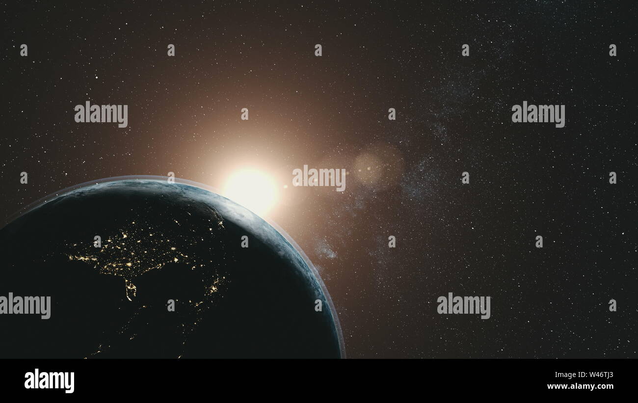 La órbita de la tierra la rotación Sun Beam de fondo de la Vía Láctea. Espacio exterior oscuro cielo estrellado de la Galaxia constelación Cosmos Universo Viajes exploración concepto animación 3D Foto de stock