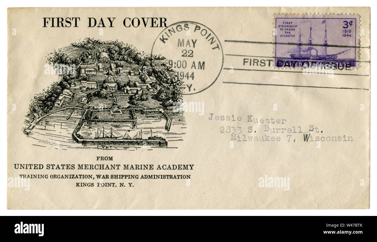 Kings Point, Nueva York, EE.UU. - 22 de mayo de 1944: Nosotros histórico sobre: tapa con sello de la Academia de la Marina Mercante, organismo de formación, envío de guerra Foto de stock
