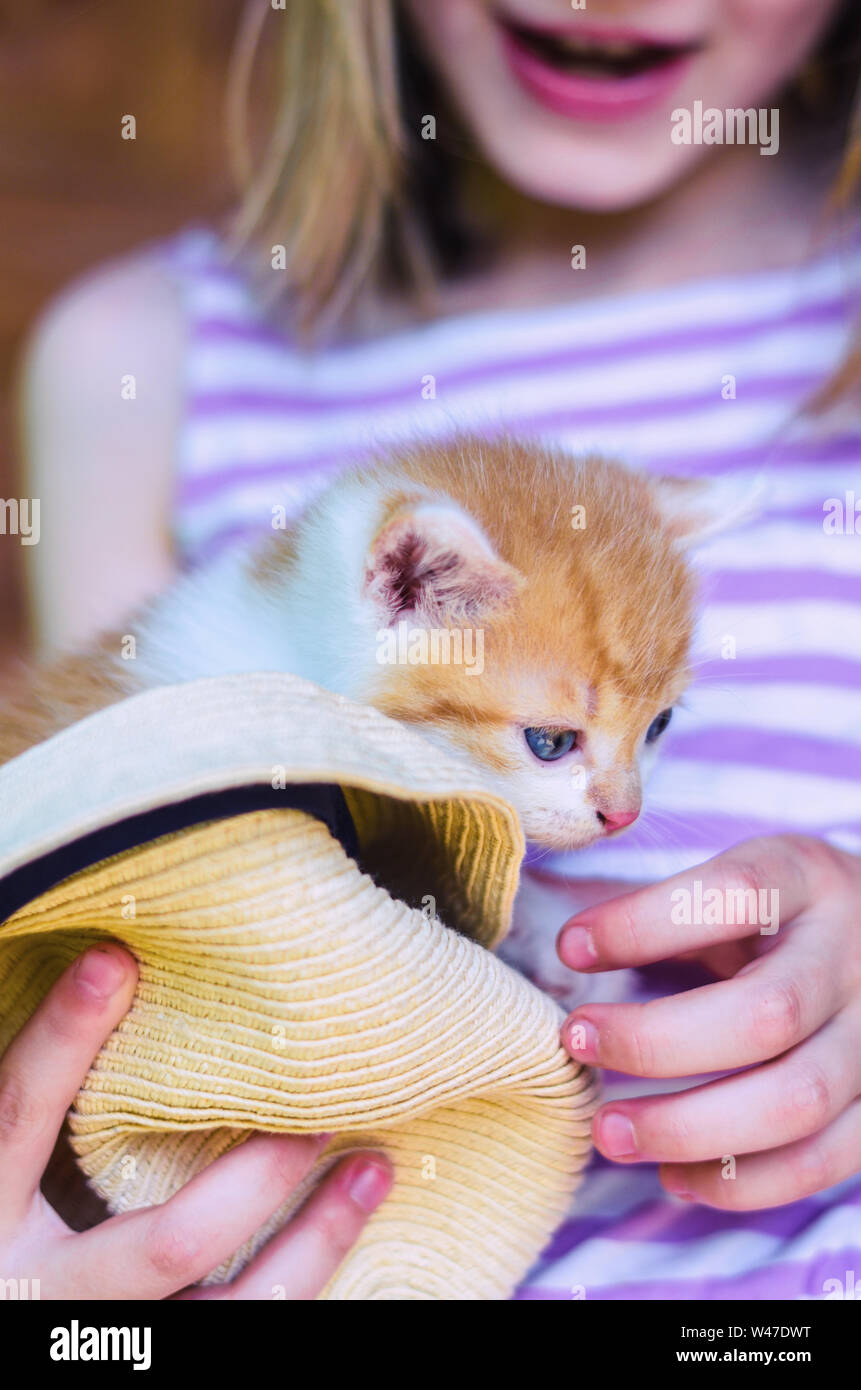 Gato rojo en un sombrero de paja en manos de niños. Una chica en un traje a  rayas Fotografía de stock - Alamy