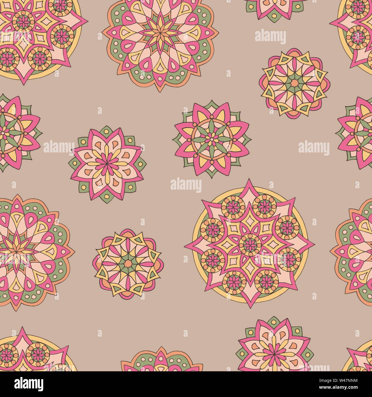 Resumen patrón sin fisuras de mandalas dibujados a mano en bellos colores sobre fondo marrón Ilustración del Vector