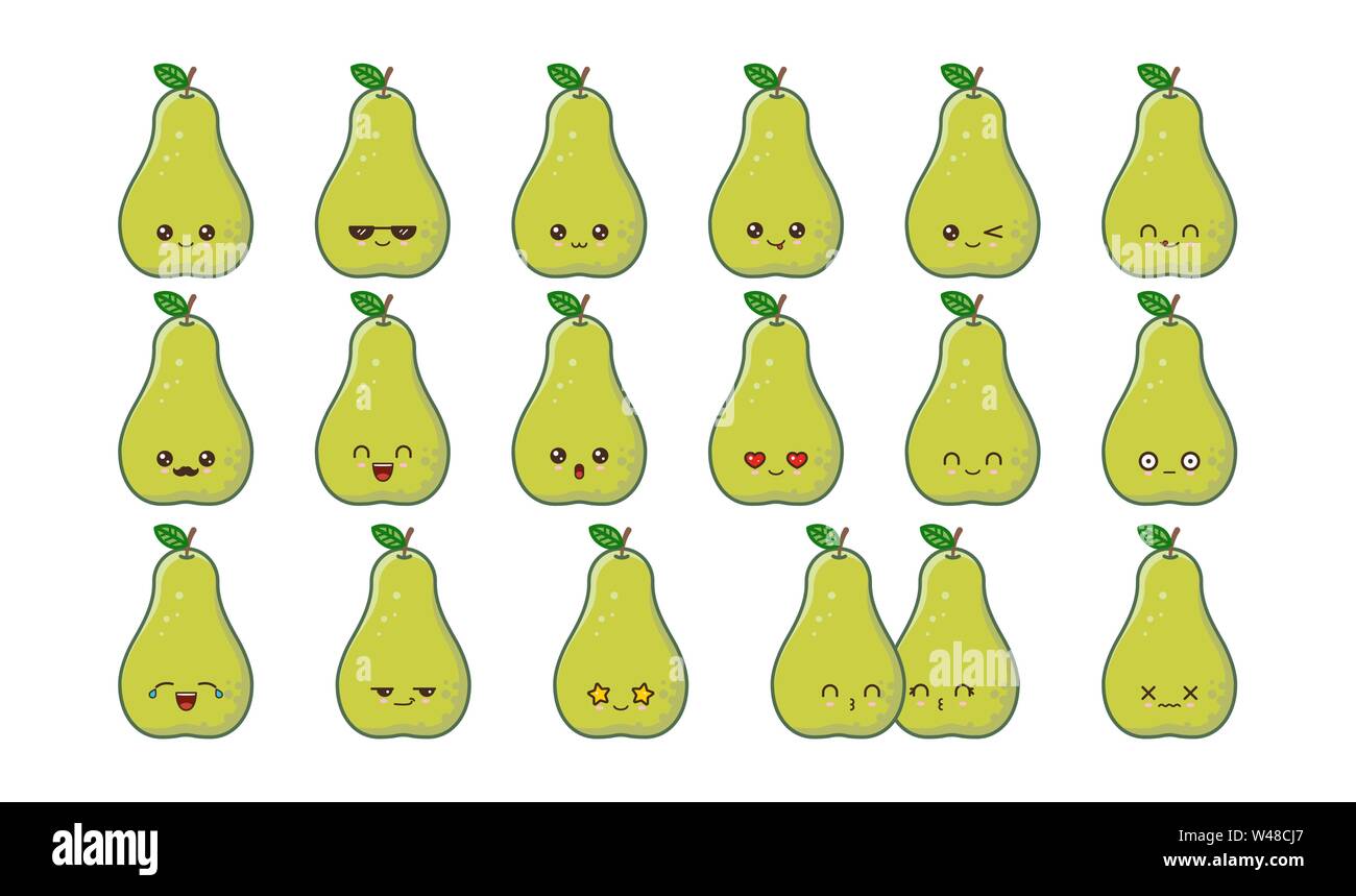 Pera Verde cute kawaii mascota. Establecer kawaii comida rostros expresiones sonrisa emoticonos. Ilustración del Vector