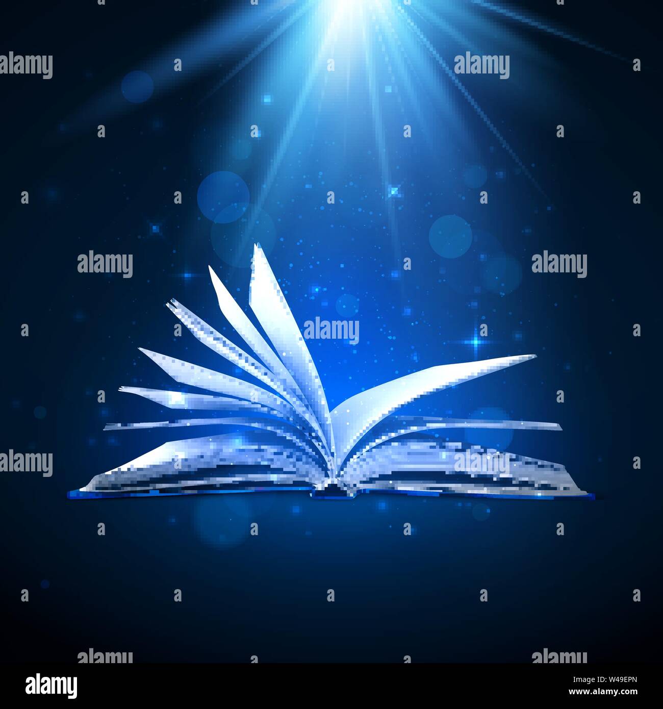 Abrir libro mágico sobre fondo azul. Luz de fantasía y destellos. Ilustración vectorial Ilustración del Vector