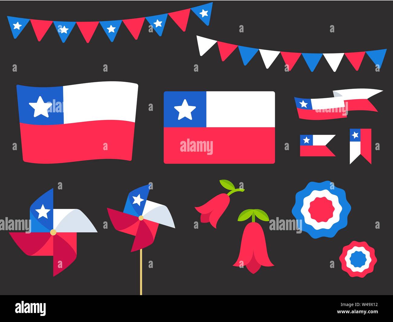 Fiesta nacional Fiestas Patrias (dieciocho), Día de la Independencia de  Chile, el conjunto de elementos de diseño vectorial. Banderas chilenas,  cintas, molinetes, rosetas, nati Imagen Vector de stock - Alamy