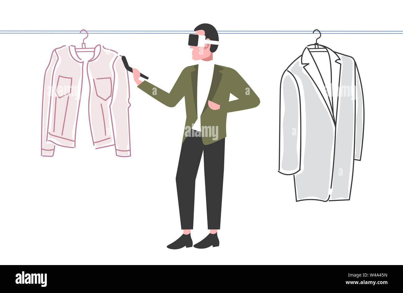 Hombre que llevaba gafas 3D holding controlador guy experimentando la  realidad virtual elegir ropa compras online mediante el audífono digital  aumentada Imagen Vector de stock - Alamy