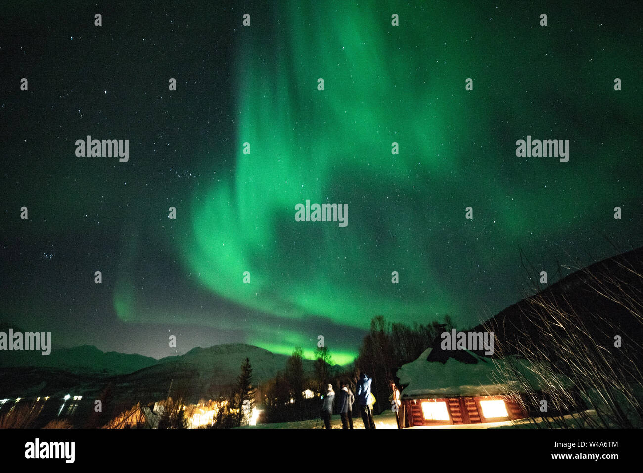 Aurora Borealis, wunderschöne Nordlichter, en Lyngenalps, Tromsö, Norwegen, Lakselvbukt, Noruega, bailando sobre las montañas, luces Foto de stock