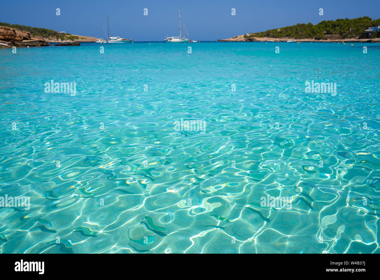 Ibiza Portinatx playa Arenal Petit peces de agua clara en las Islas Baleares Foto de stock