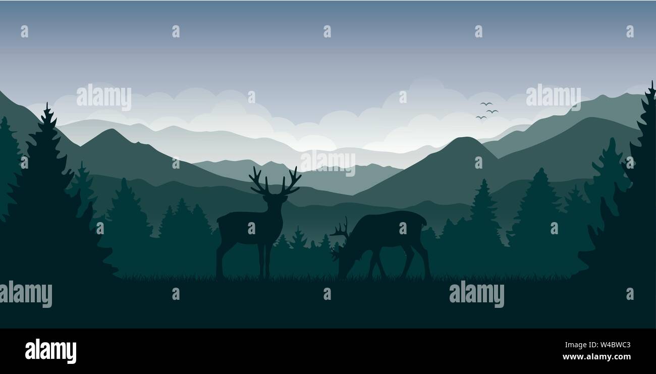 Dos wildlife renos en verde paisaje de montaña y de bosque ilustración vectorial EPS10 Ilustración del Vector