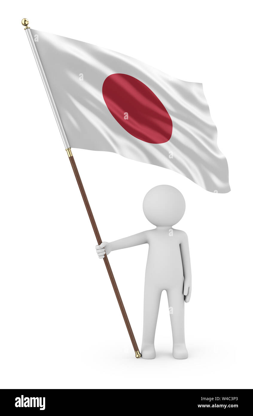 Stickman patriota japonés sosteniendo la Bandera Nacional de Japón 3D Ilustración sobre fondo blanco. Foto de stock