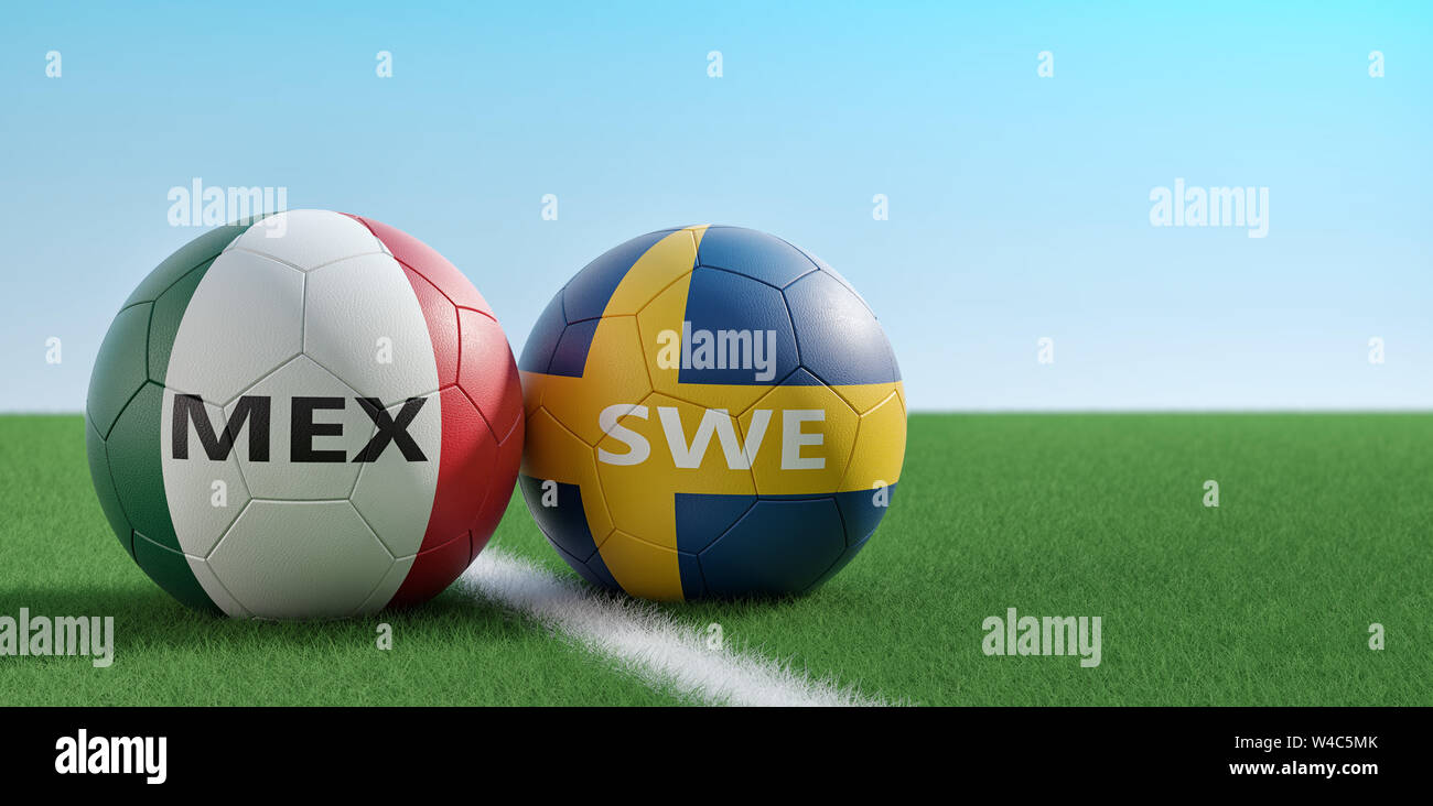México vs. Suecia partido de fútbol - pelotas de fútbol en Méxicos y  Swedens colores nacionales en un campo de fútbol. Copie el espacio en el  lado derecho - 3D Rendering Fotografía