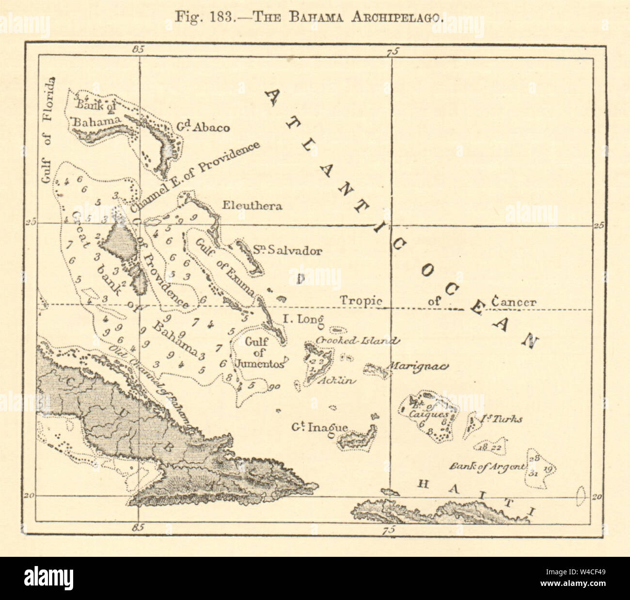 El archipiélago de las Bahamas. Bahamas. Cuba Turks & Caicos. Mapa antiguo  de 1886 Fotografía de stock - Alamy