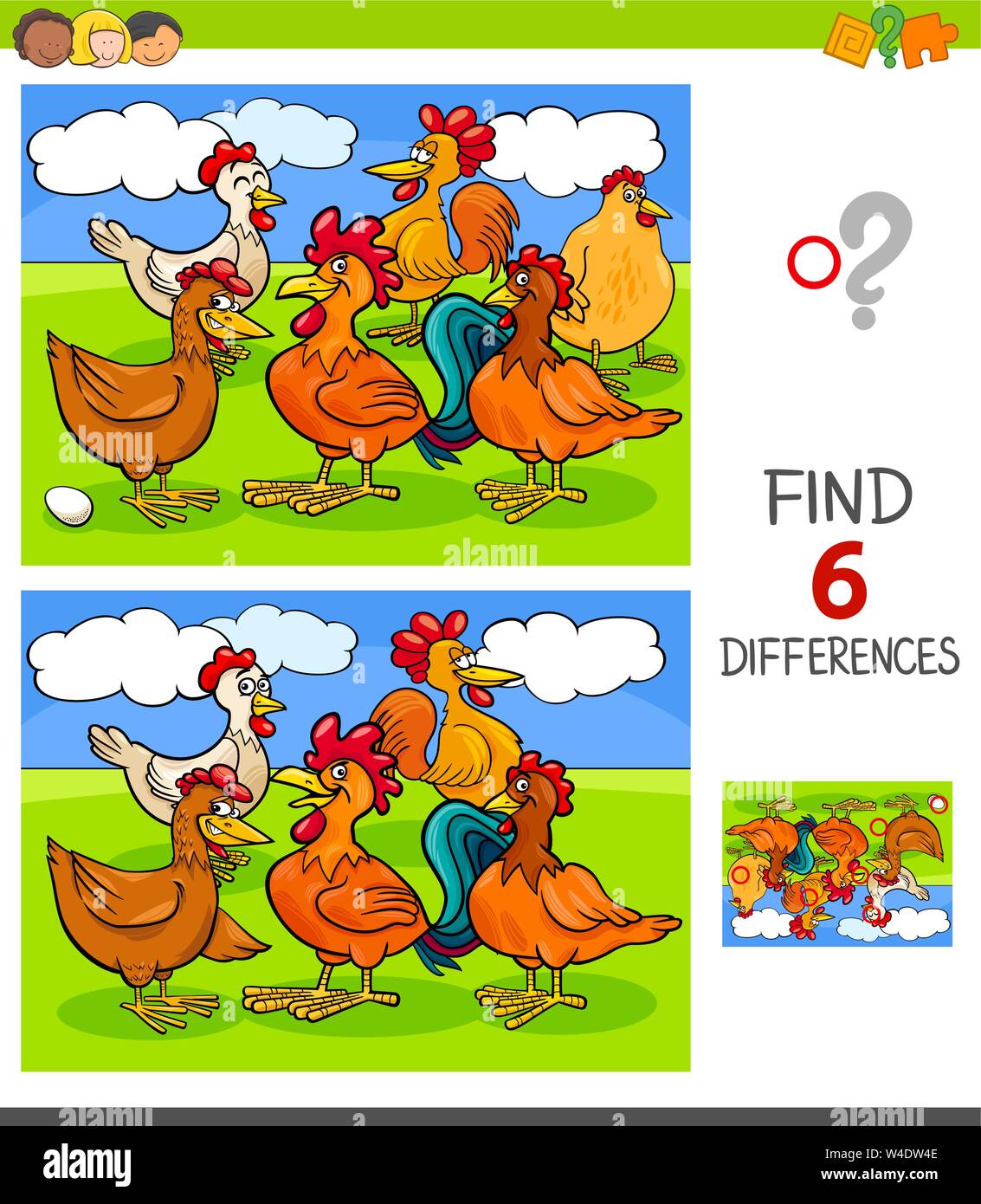 Ilustración de dibujos animados de encontrar seis diferencias entre las  imágenes de juegos educativos para niños con gallinas y gallos personajes  animales de granja Imagen Vector de stock - Alamy