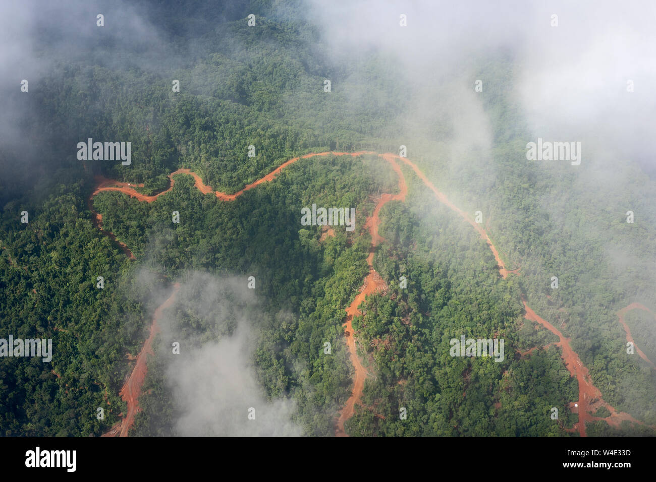 Vista aérea de caminos forestales a través de bosque lluvioso primario está talando para plantación de aceite de palma en Guadalcanal, Islas Salomón Pacífico Sur Foto de stock