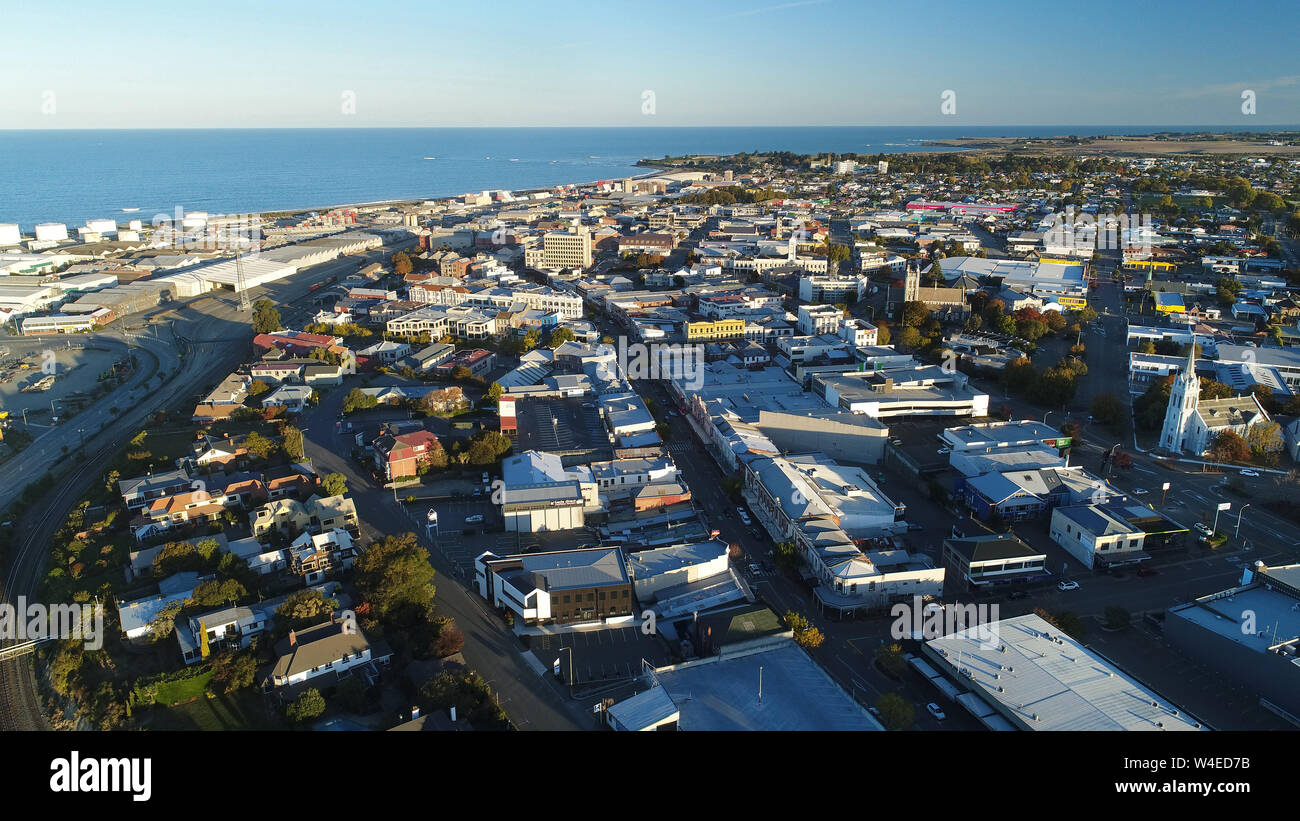 Stafford St, Timaru, South Canterbury, Isla del Sur, Nueva Zelanda - antena drone Foto de stock