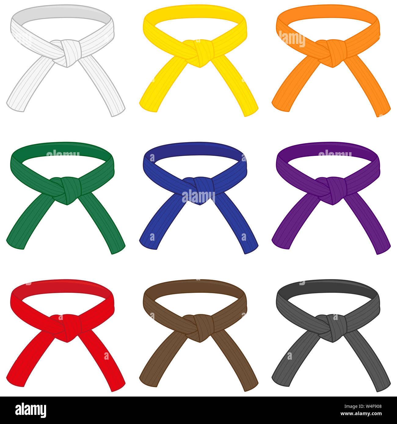 Ilustración colección de artes marciales cinturones con distinto rango de  colores. Karate, Taekwondo, judo, jiu-jitsu, kickboxing o correas de kung  fu Fotografía de stock - Alamy