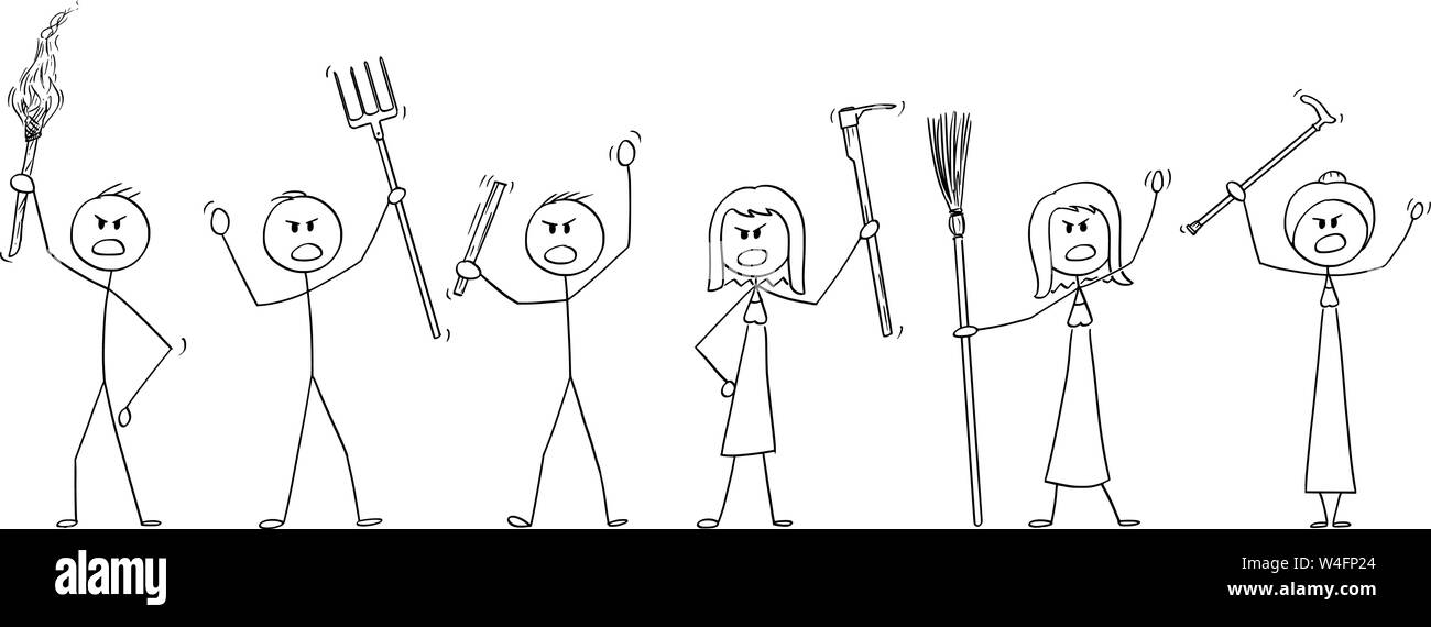 Cartoon vectores stick figura dibujo Ilustración conceptual de conjunto de caracteres enojada muchedumbre con antorchas y herramientas como pitchfork como armas. Ilustración del Vector