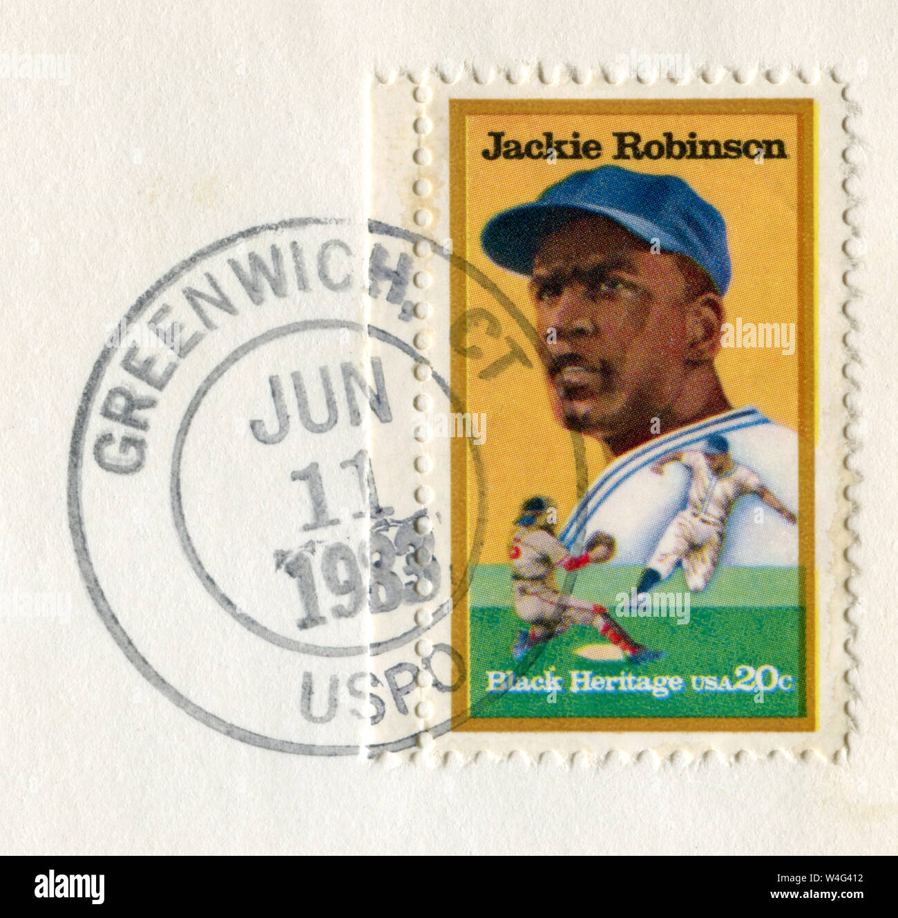 Greenwich, Connecticut, EE.UU., 11 de junio de 1983: Nosotros sello histórico: Jackie Robinson fue un jugador de béisbol profesional norteamericano, jugar en las Grandes Ligas Foto de stock