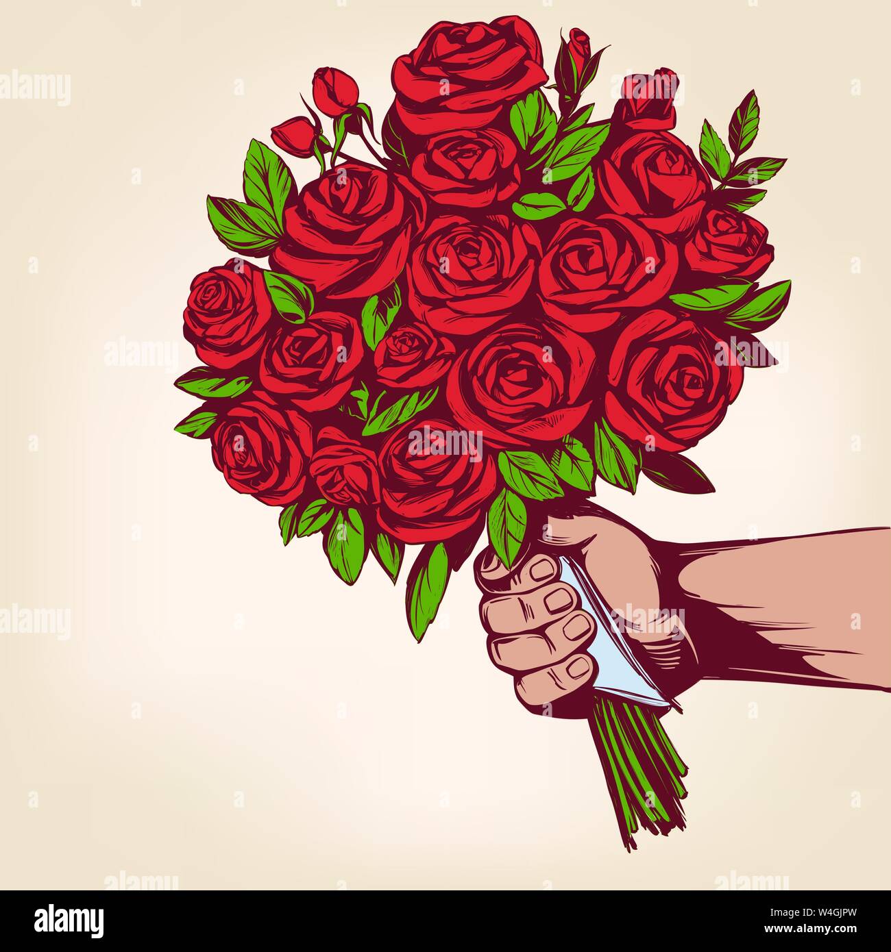Mano le da un ramo de flores rosas, tarjeta de felicitación dibujada a mano  ilustración vectorial dibujo realista Imagen Vector de stock - Alamy