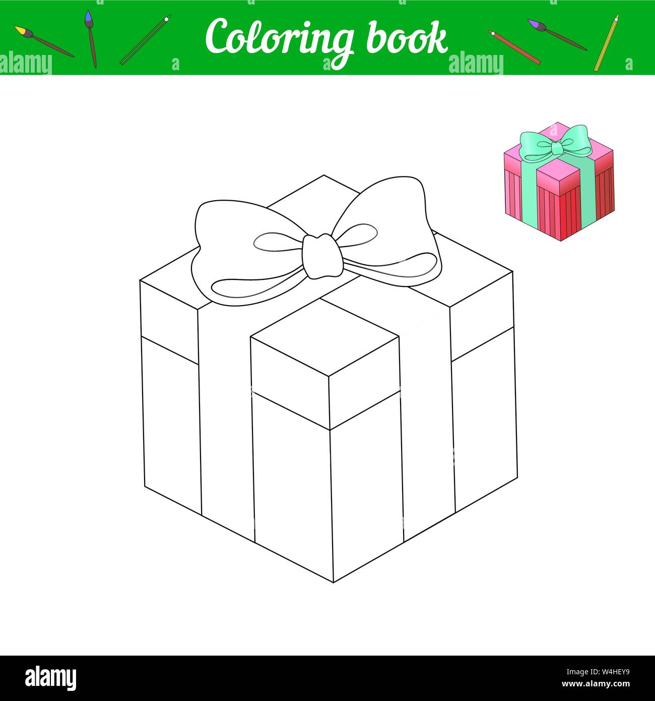 Libro para colorear caja de regalo. Cuadro de múltiples colores brillantes  atados con una cinta de satén. Para clases con niños de todas las edades.  Desarrolla la imaginación. Ilustración Imagen Vector de