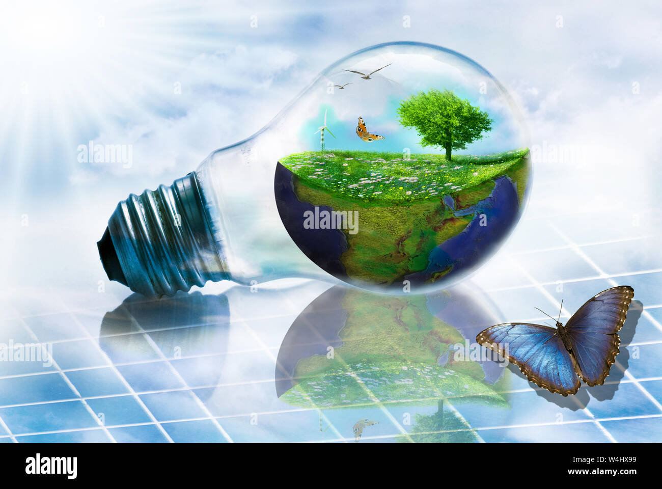 Escena de un mundo ecológico insertado en una bombilla en un panel solar Foto de stock