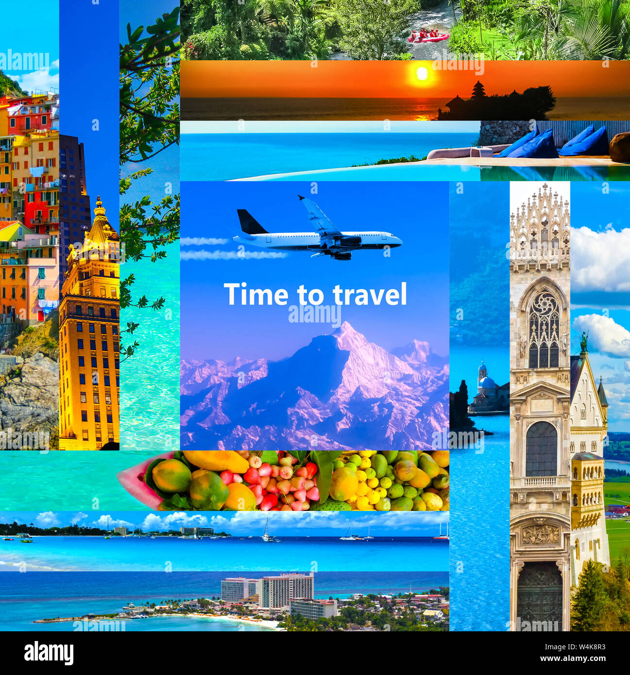 Al frente idioma móvil Paquetes turísticos concepto. Collage para viajes theme Fotografía de stock  - Alamy