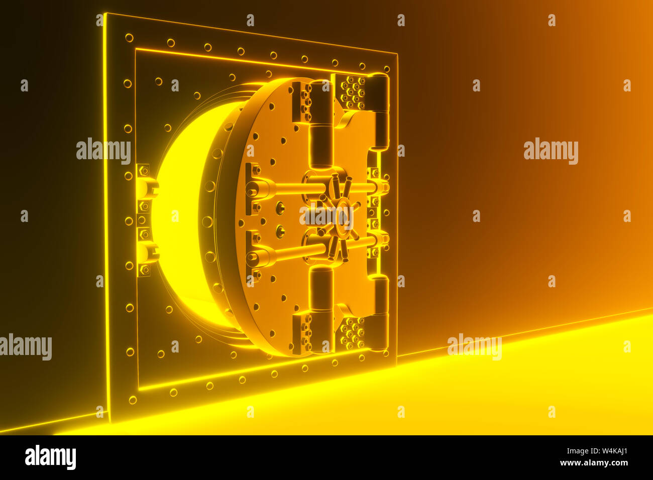 Vista frontal de la cámara acorazada de oro de luz, la puerta cerrada