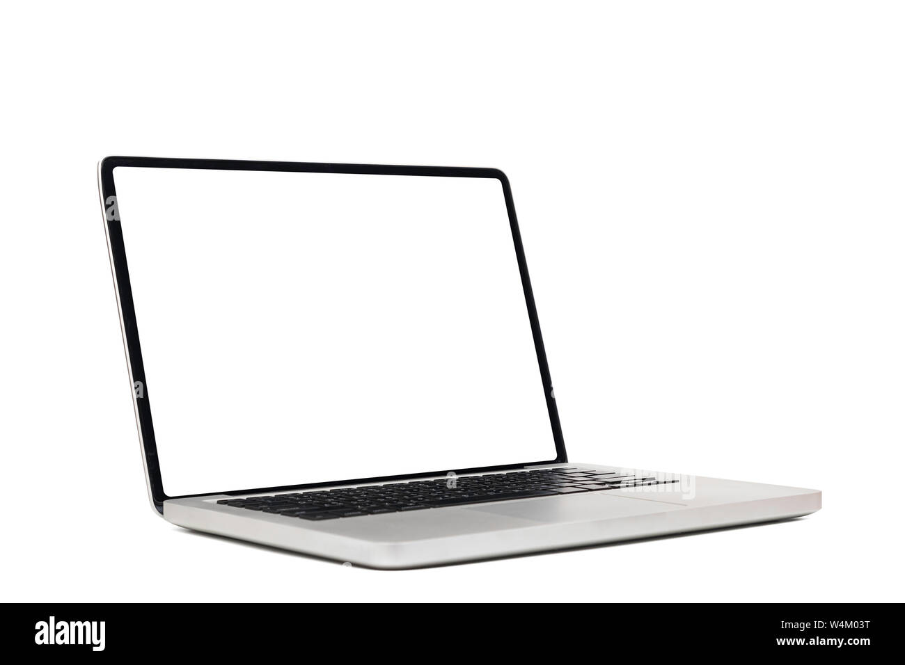Modelo de ordenador portátil con pantalla en blanco vacío aislado sobre fondo blanco con trazado de recorte, vista lateral del moderno concepto de tecnología informática. Foto de stock