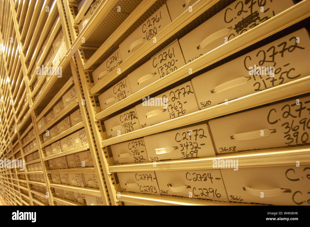Ángulo de visión de altas pilas de cajas de archivo catalogado en un S Milton Eisenhower, instalaciones de almacenamiento de la biblioteca de la Universidad Johns Hopkins, Baltimore, Maryland, 13 de febrero de 2006. Desde el Homewood Fotografías. () Foto de stock