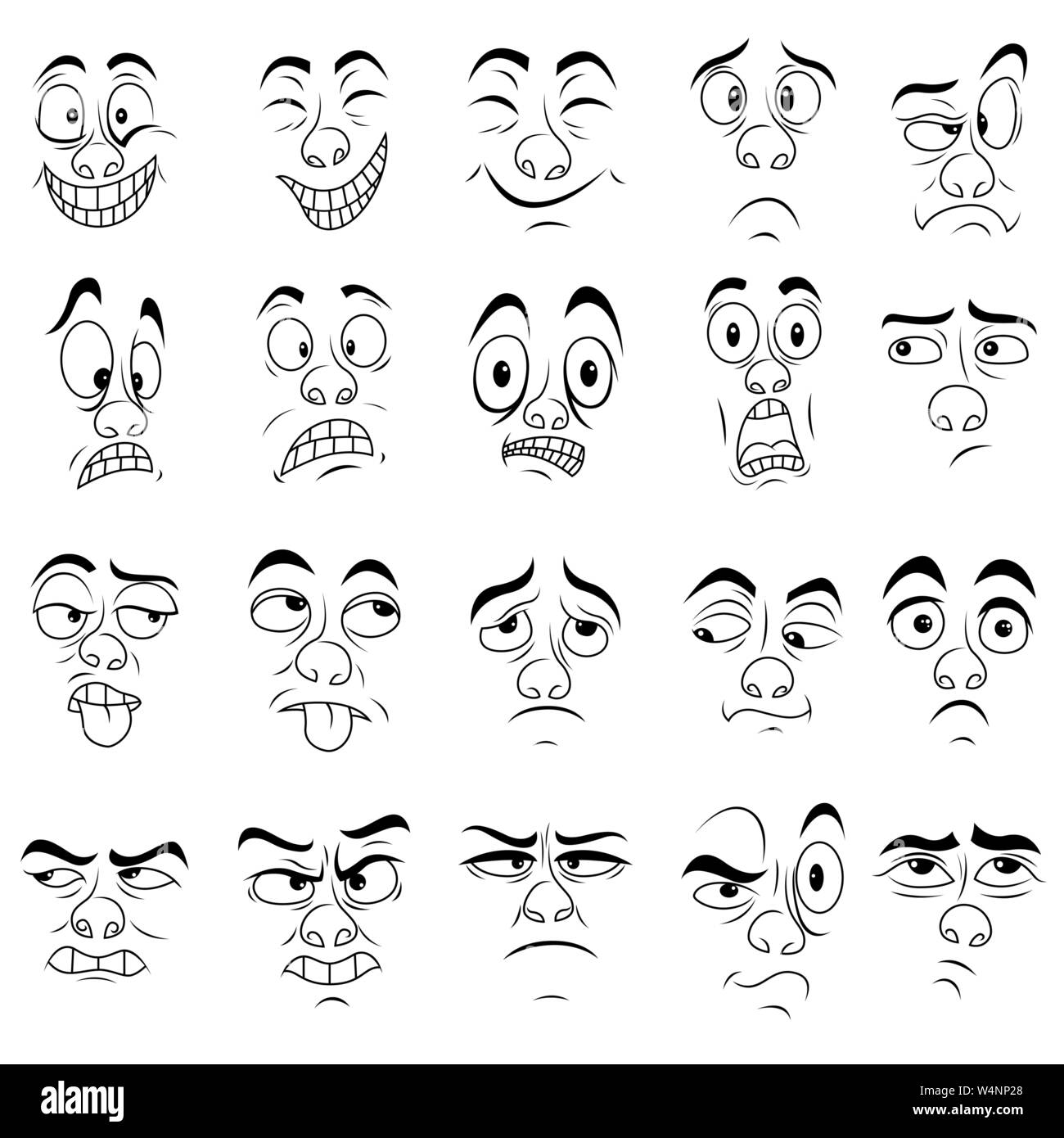 Divertido juego de veinte hombres muecas, bosquejando cartoon contornos vectoriales aislado en el fondo blanco. Ilustración del Vector