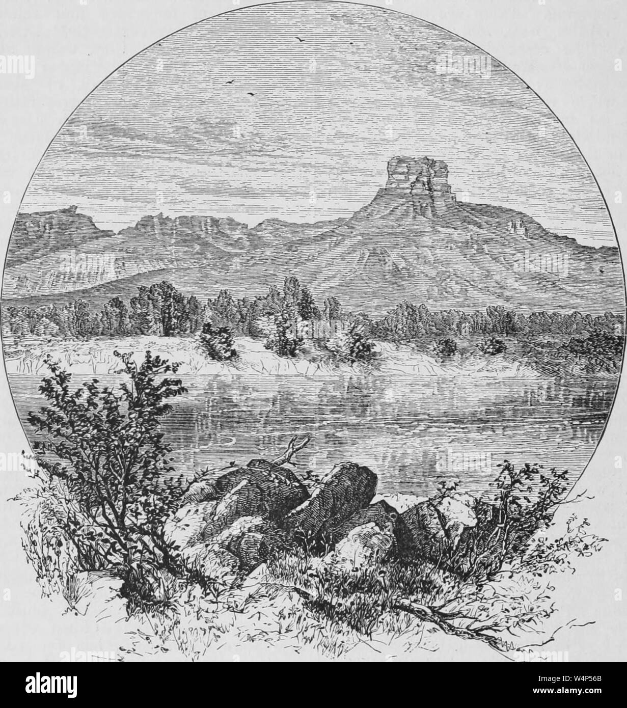 Grabado del Río Verde que fluye debajo del castillo de Rock en Wyoming, del libro "El Pacífico" turístico por Henry T. Williams, 1878. Cortesía de Internet Archive. () Foto de stock