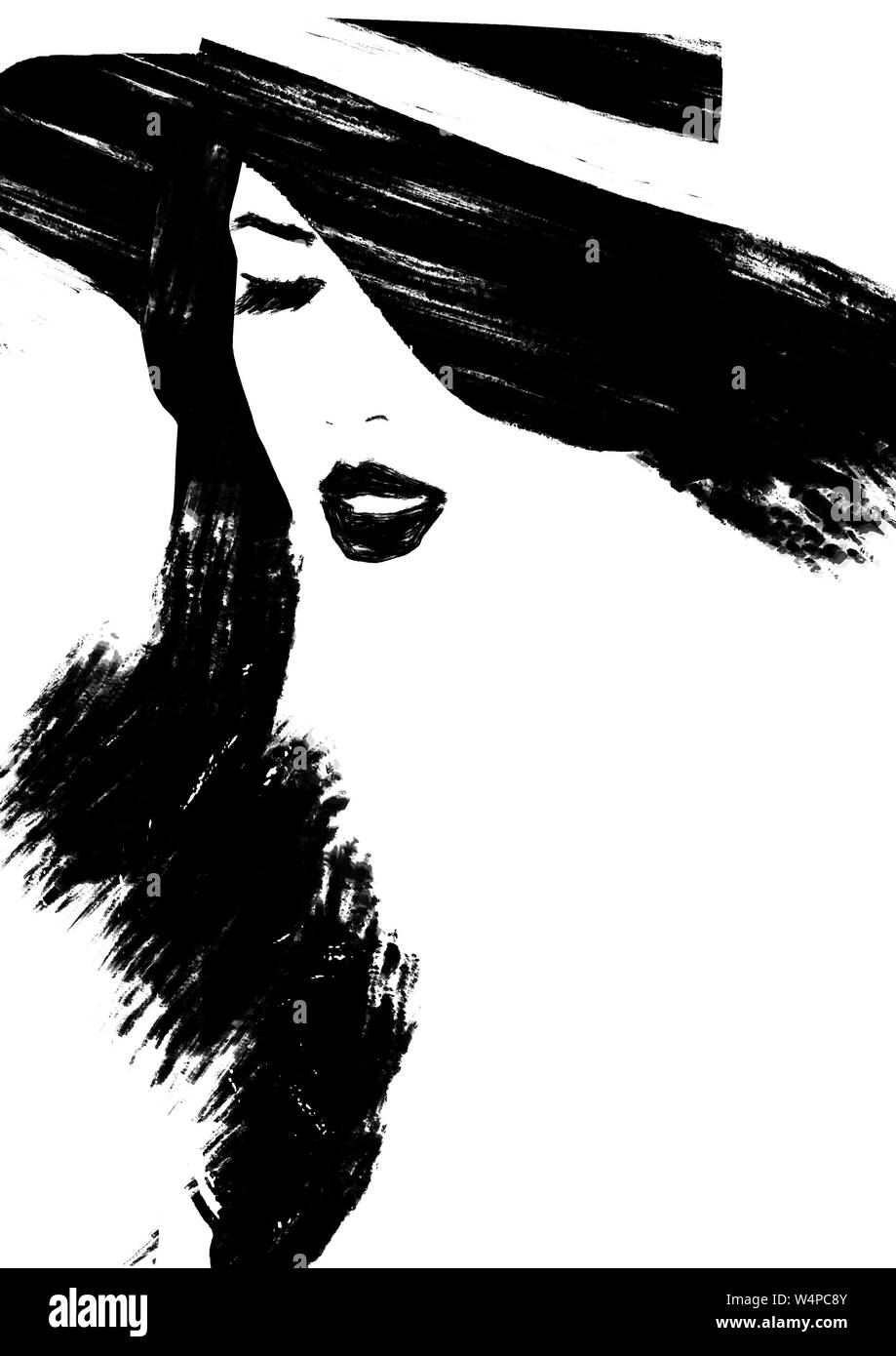 La ilustración de moda en blanco y negro. Boceto de moda. La mujer de la  pintura abstracta. Antecedentes de la moda. Chica con sombrero. Smokey eye  cara. Grandes trazos de pincel Fotografía