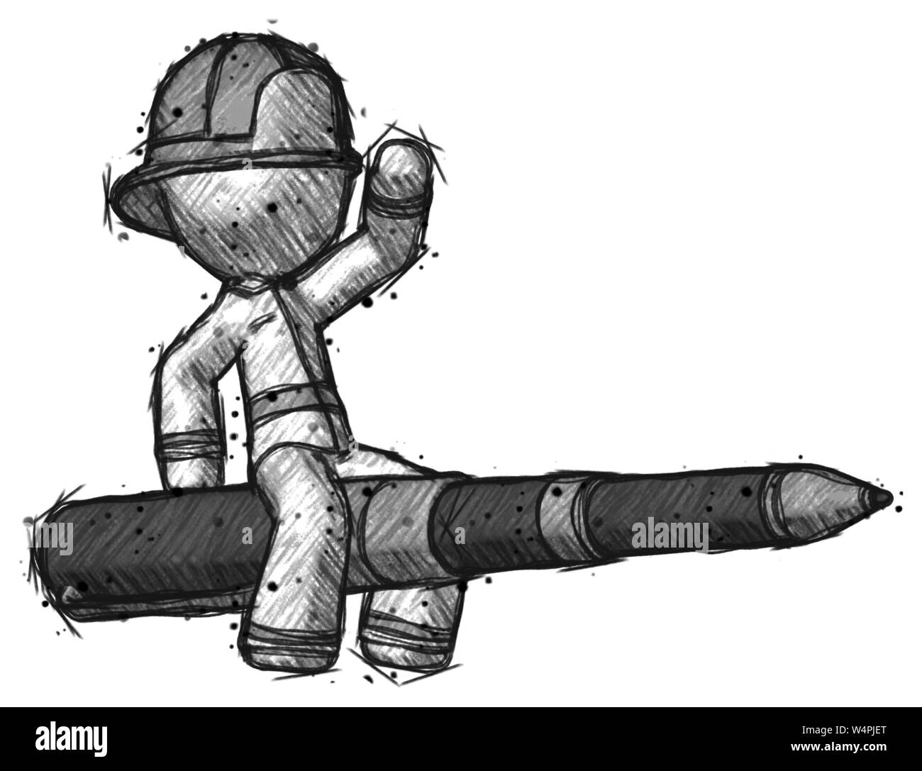 Boceto bombero bombero hombre montando un lápiz como un cohete gigante  Fotografía de stock - Alamy
