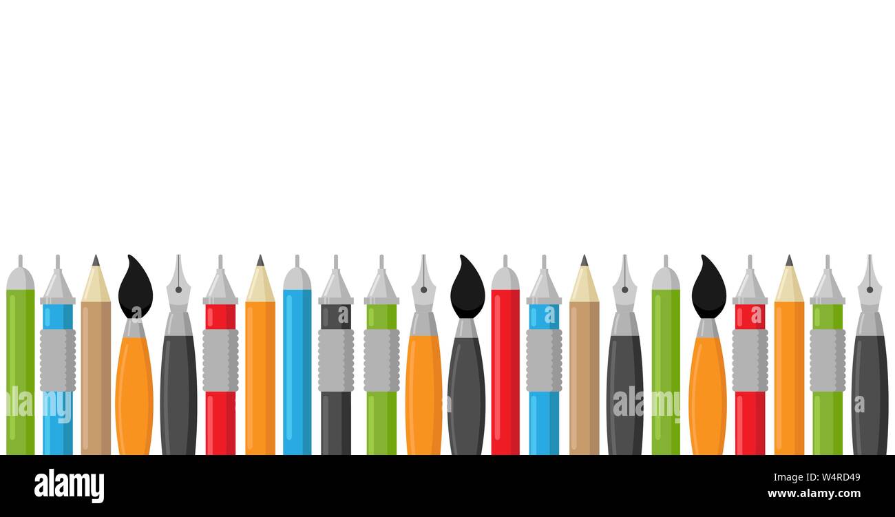 Borde vectores de multicolores escrito accesorios: bolígrafos, lápices, pinceles, aislado sobre fondo thite espacio para el texto Imagen Vector de stock - Alamy