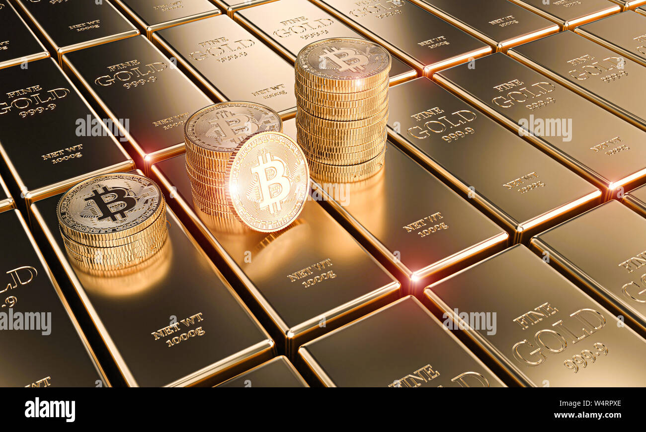 Oro en lingotes monedas bitcoin clásico, concepto de cryptocurrency y economía.3d render imagen Foto de stock