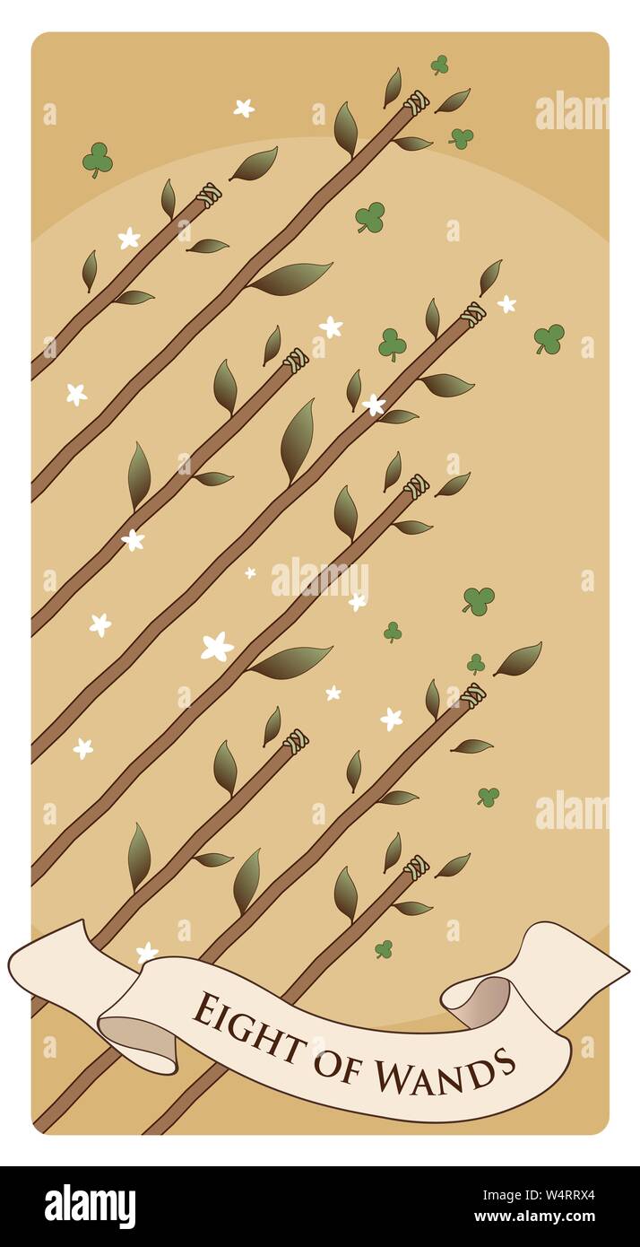 Ocho de varitas. Cartas del Tarot. Ocho varillas en el aire, rodeados de  hojas, tréboles y flores Imagen Vector de stock - Alamy