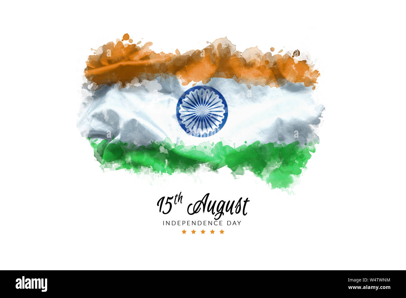 Celebrando el Día de la independencia de la India India tarjeta de felicitación con banderas ondeantes grunge por agua pintura color fondo. RESUMEN ANTECEDENTES, vintage Poster Foto de stock