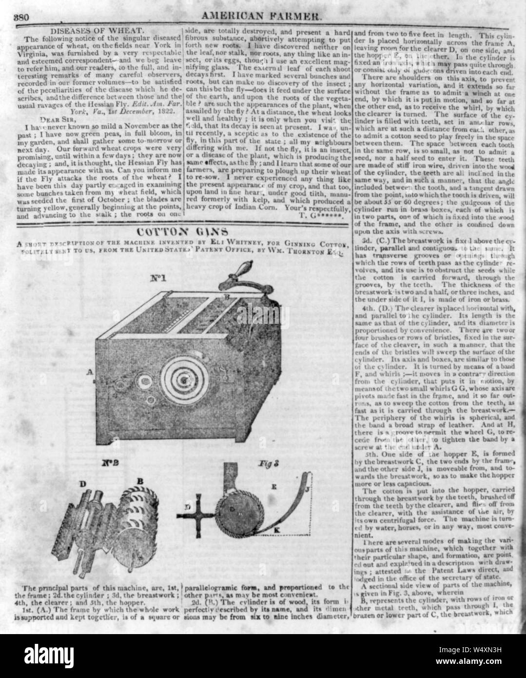 Los despepitadores de algodón...la máquina inventada por Eli Whitney, el algodón desmotado, amablemente nos envió desde la oficina de patentes de EE.UU. Foto de stock