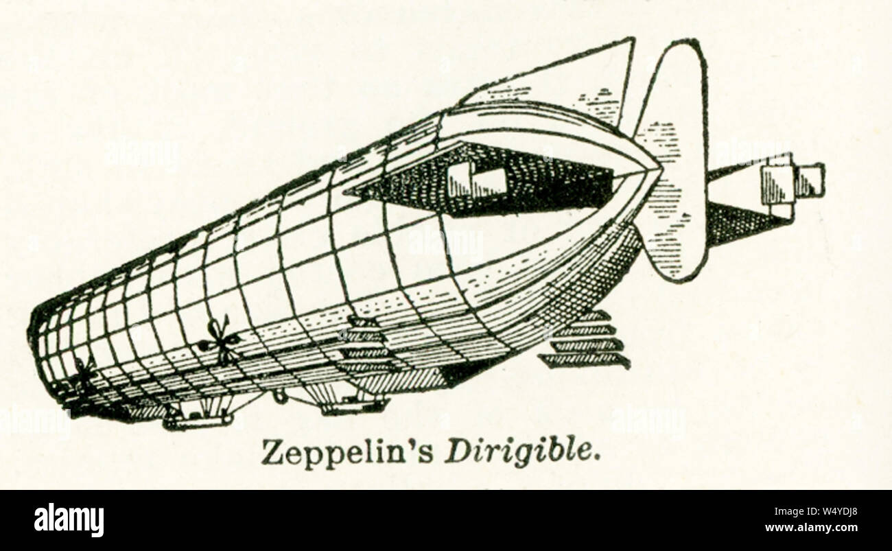 Esta ilustración se remonta a principios de la década de 1920. Su leyenda reza: Zeppelin es dirigible. Un Zeppelin es un tipo de dirigible rígido llamado después de que el alemán conde Ferdinand von Zeppelin, pionero del dirigible rígido desarrollo a comienzos del siglo XX. Foto de stock