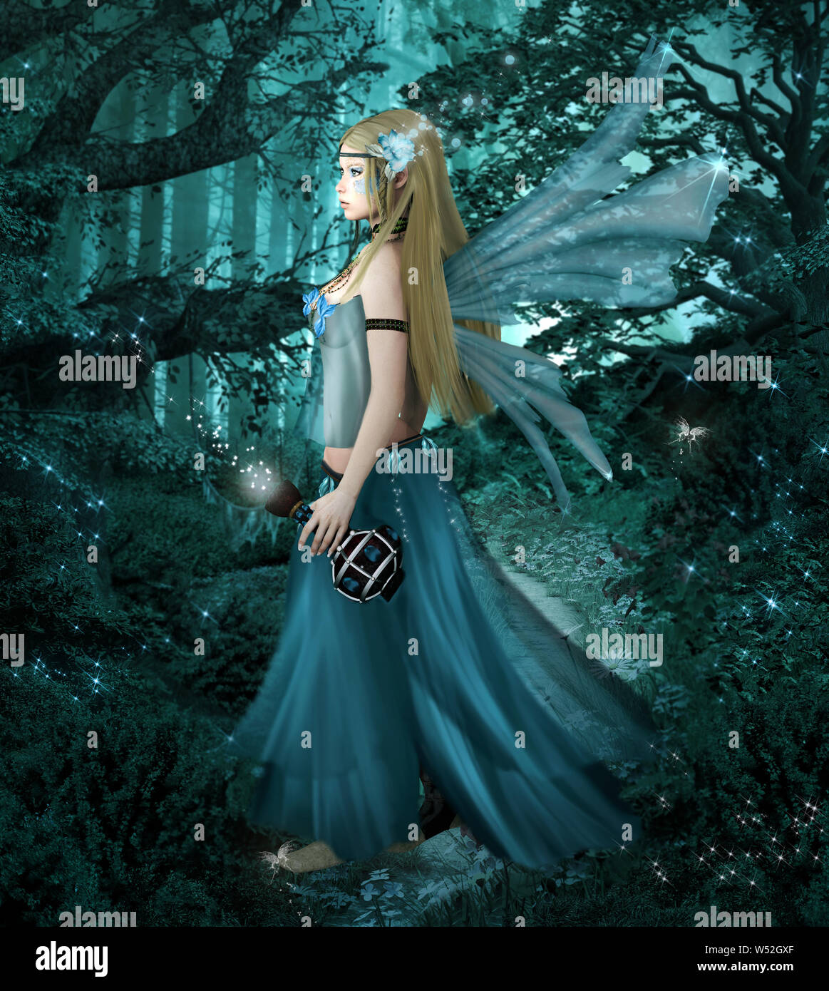 Hada azul con una poción de amor mágica en el bosque neblinoso - Ilustración 3D Foto de stock