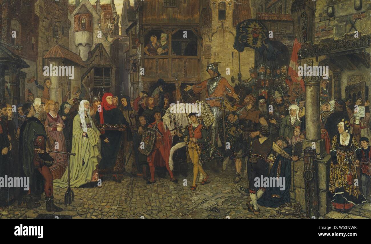 Georg von Rosen, Sten Sture el Viejo, la entrada de Sten Sture el Starez en Estocolmo, pintura, 1864, óleo sobre lienzo, altura 90 cm (35,4 pulgadas), Ancho 140 cm (55,1 pulgadas), firmado GvR (monograma) f. Aº 1864. Foto de stock