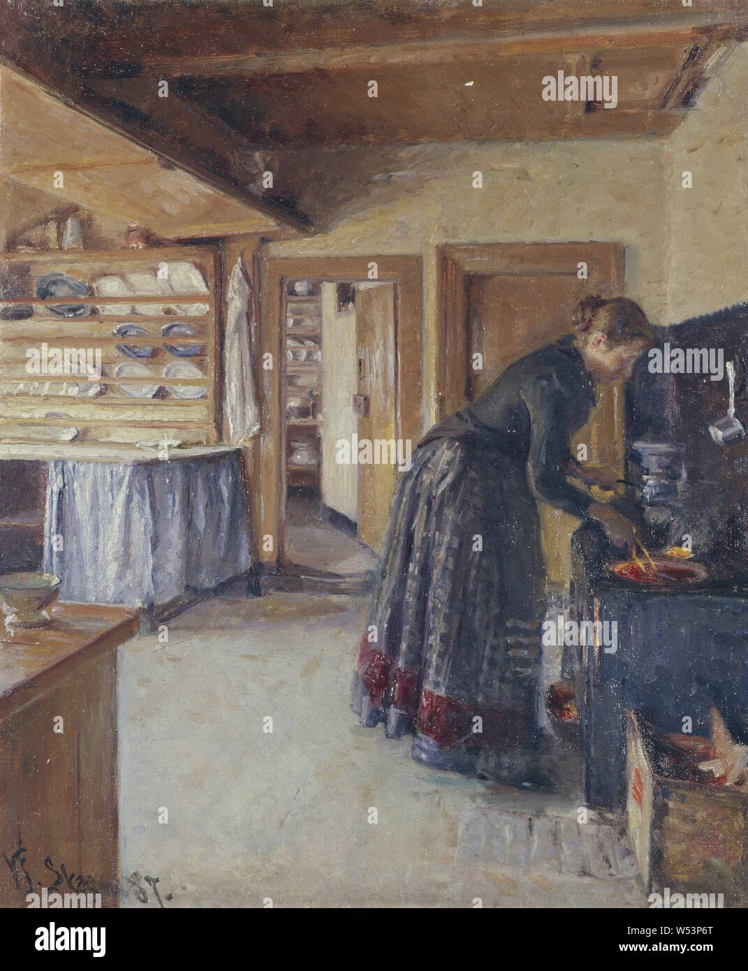 Viggo Johansen, cocina, con la esposa del artista, cocina interior con la esposa del artista, pintura, 1887, óleo sobre lienzo, altura de 61 cm (24 pulgadas) de ancho, 49 cm (19,2 pulgadas), firmado, VJ Skagen 87. Foto de stock