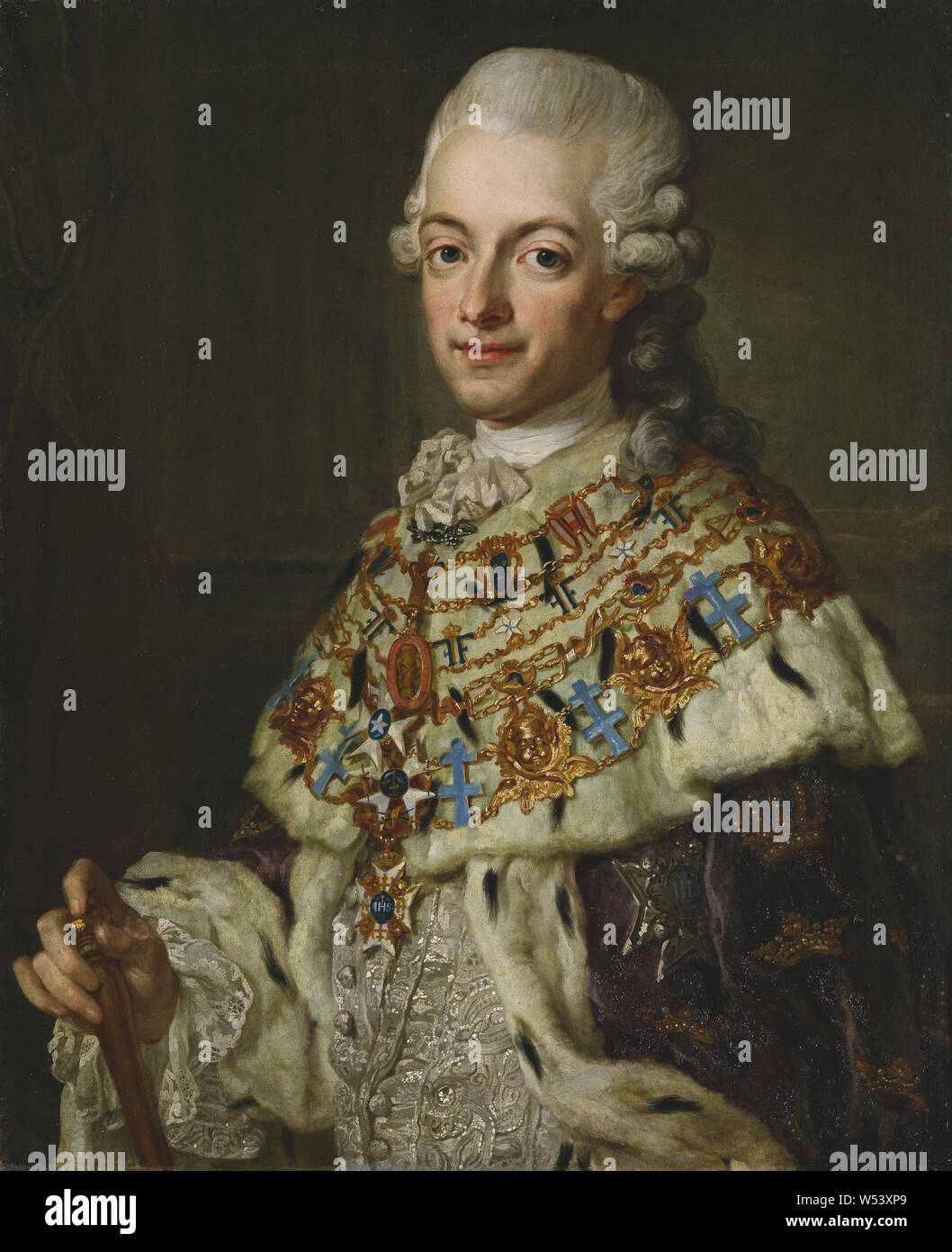 Lorens Pasch el joven, el Rey Gustav III, Gustav III, 1746-1792, pintura, retrato, Gustavo III de Suecia, entre circa 1773 y circa 1774, óleo sobre lienzo, altura 77 cm (30,3 pulgadas) de ancho, 62 cm (24,4 pulgadas), inscripciones, Gustaf III b. 1746. 1792. Regalo del rey Oscar II 1889., sobre la espalda, 16 de 634, 2 sellos stronor, SV.ST, en el bastidor Foto de stock