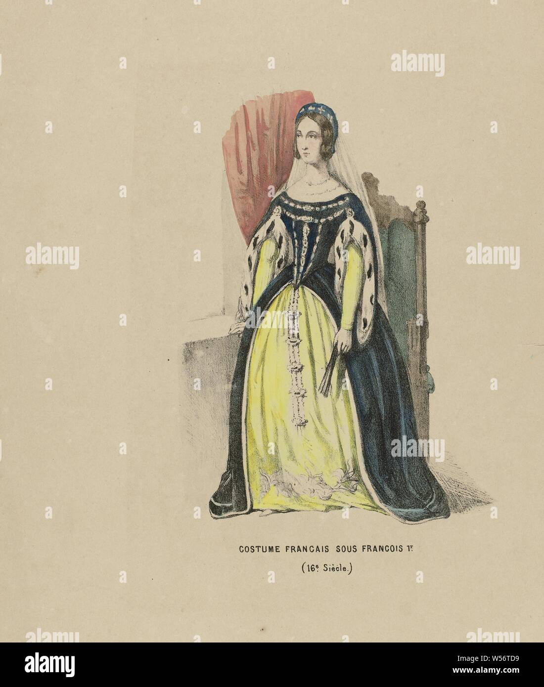 Costume Francais Sous Francois 1er. (16 Siècle) (título de objeto), Mujer  en trajes históricos de una dama de honor en la corte francesa de Francés  I, siglo XVI. Mayor rendimiento para el