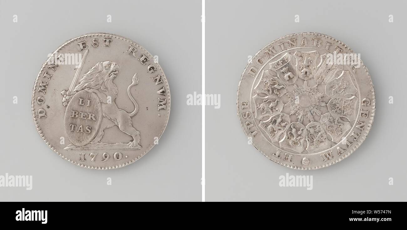 Estados Unidos belga, anverso: León con espada desnuda y el escudo con la  inscripción dentro de la inscripción, corte: año. Inversa: once escudos de  armas en un círculo alrededor del sol radiante