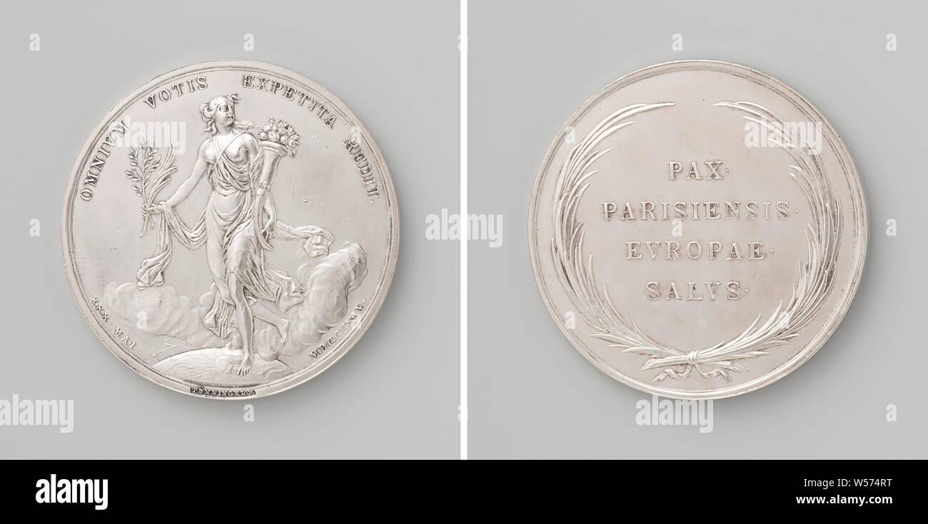 La primera de París la paz entre Francia y los aliados, Medalla de Plata.  Anverso: Paz con lleno el cuerno de la abundancia y la rama de olivo en las  manos de