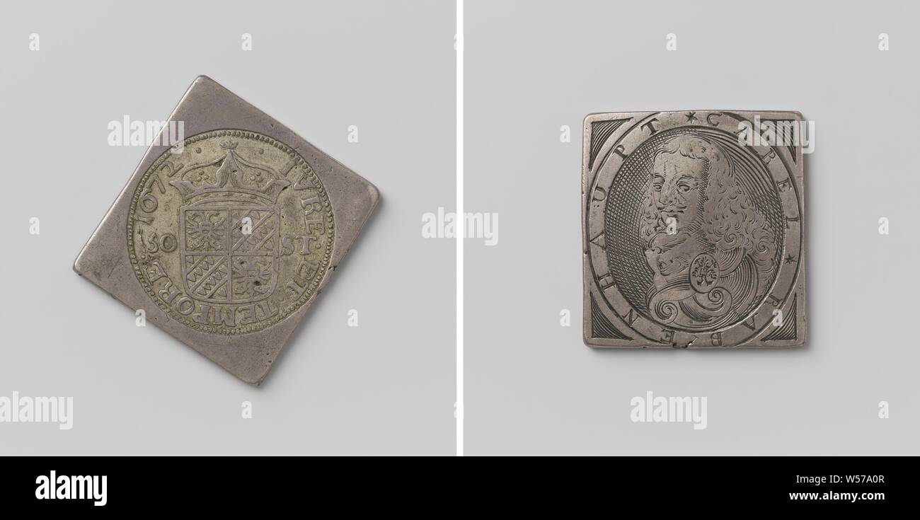 Asedio de Groningen, moneda de emergencia con retrato de Karl Rabenhaupt moneda de emergencia en forma de diamante, con esquinas redondeadas. Anverso: Escudo coronado (gran sello) entre la indicación de valor dentro de una inscripción. Reverso: busto de Rabenhaupt hacia la izquierda, dentro de un círculo, Groningen, Karl Rabenhaupt (barón von Sucha), anónimos, 1672, plata (metal), grabado, h 4,7 cm × W 4,7 cm × w 28.25 Foto de stock