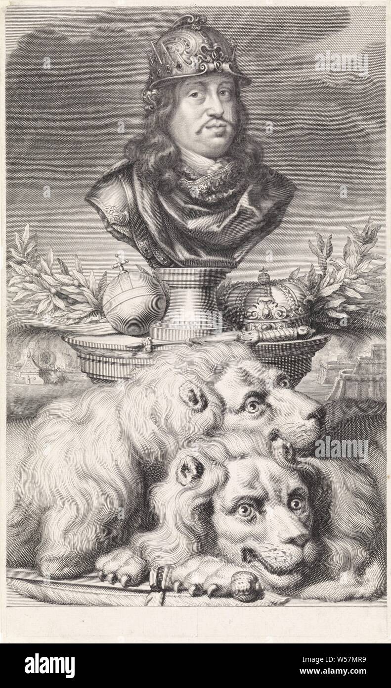 Retrato de Carlos XI, Rey de Suecia, como un busto esculpido en un pedestal. Él lleva un casco, ricamente decorado en el pedestal son su cetro, corona y orb, y algunas ramas de laurel, en frente hay dos leones. En el fondo se puede ver un castillo y un buque de guerra, bestias de presa, los animales rapaces: León, corona (símbolo de soberanía), Charles XI (rey de Suecia), Pieter van Schuppen, París, en o antes de 1668, el papel, el grabado, la h 306 mm × 187 mm w Foto de stock